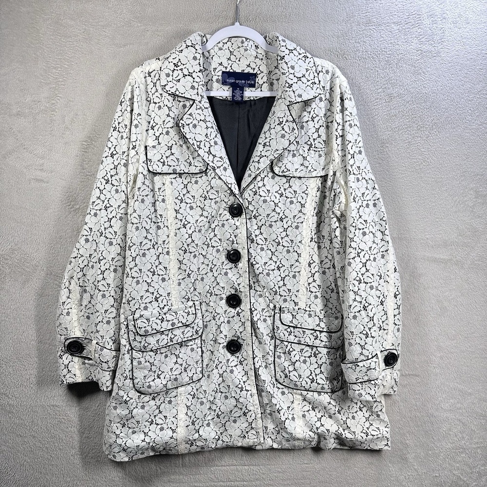 Susan Graver Ivory Lace Blazer Trench Coat with Black Trim Sz 1X Cottage Elegant